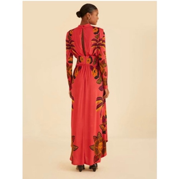Farm Rio Living Bloom Maxi Dress Long Sleeve Red Jersey Size Large - Picture 3 of 11